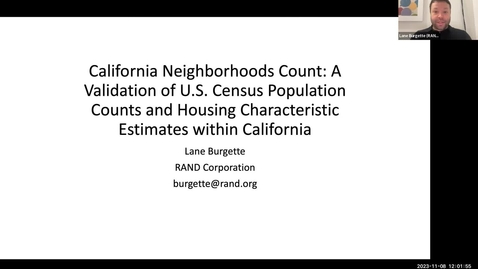Thumbnail for entry  Lane Burgette - 2020 California Neighborhoods Count - JPSM MPSDS Seminar - November 8, 2023