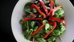 a bowl of salad with slices of red pepper arranged decoratively.