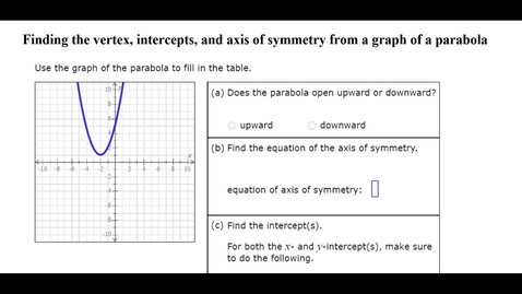 Thumbnail for Finding the vertex, intercepts, and axis of symmetry from a graph of a parabola