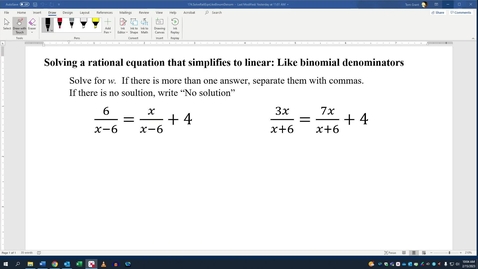 Thumbnail for entry Solving a rational equation that simplifies to linear: Like binomial denominators
