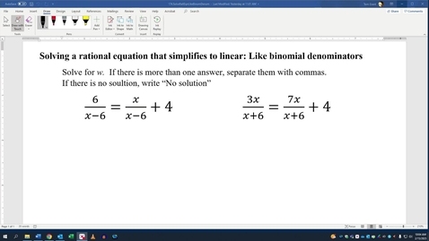 Thumbnail for Solving a rational equation that simplifies to linear: Like binomial denominators