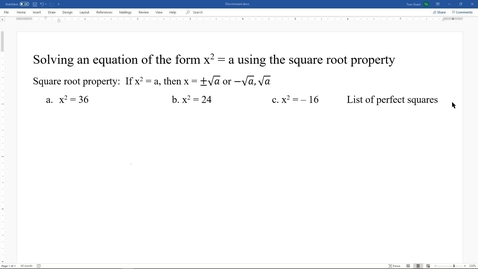 Thumbnail for Solving an equation of the form x^2 = a using the square root property
