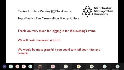 Thumbnail for Topo-Poetics: Tim Cresswell on Poetry &amp; Place (Wednesday 26th May 2021, 6.30 – 7.30pm)