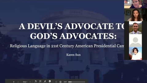 Thumbnail for A Devil's Advocate to God's Advocates:  Religious Language in 21st Century Presidential Campaigns - CAMD Scholar Karen Sun