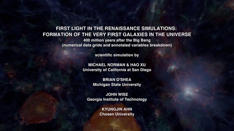 Thumbnail for entry Tour of First Light in the Renaissance Simulations at 400 Million Years after the Big Bang [data variables, grids, and labels]