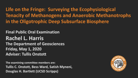 Thumbnail for Final Public Oral Examination: Life on the Fringe: Surveying the Ecophysiological Tenacity of Methanogens and Anaerobic Methanotrophs in the Oligotrophic Deep Subsurface Biosphere