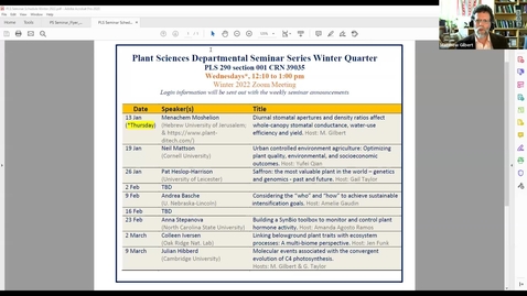 Thumbnail for entry Dr. Moshelion 13 Jan 2022 Plant Sciences Seminar : Diurnal stomatal apertures and density ratios affect whole-canopy stomatal conductance, water-use efficiency and yield