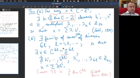 Thumbnail for 2021-10-08: Hilbert bases of cones, integer Carathéodory theorem