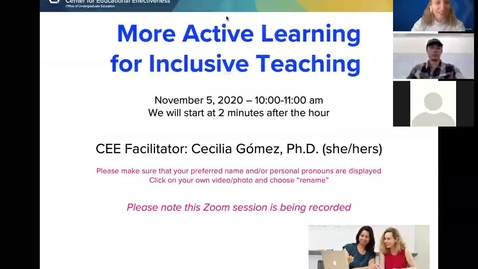 Thumbnail for CEE Faculty Workshop - More Active Learning for Inclusive Teaching