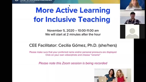 Thumbnail for entry CEE Faculty Workshop - More Active Learning for Inclusive Teaching