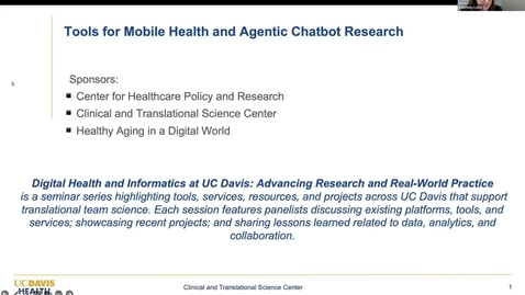 Thumbnail for Tools for Mobile Health and Agentic Chatbot Research (Digital Health and Informatics at UC Davis Seminar Series)