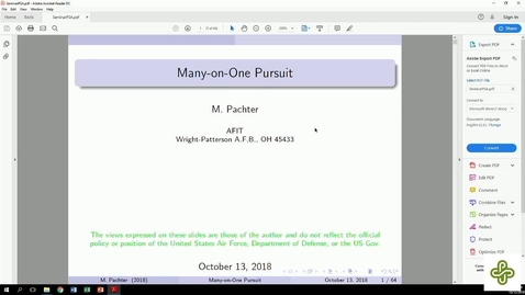 Thumbnail for 2018 Oct 12, Meir Pachter, Air Force Institute of Technology Many-on-one pursuit