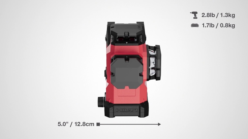 3D animation of the multi line laser PM 50MG-22 with B22-85 battery showing measurements and weight of the tool.