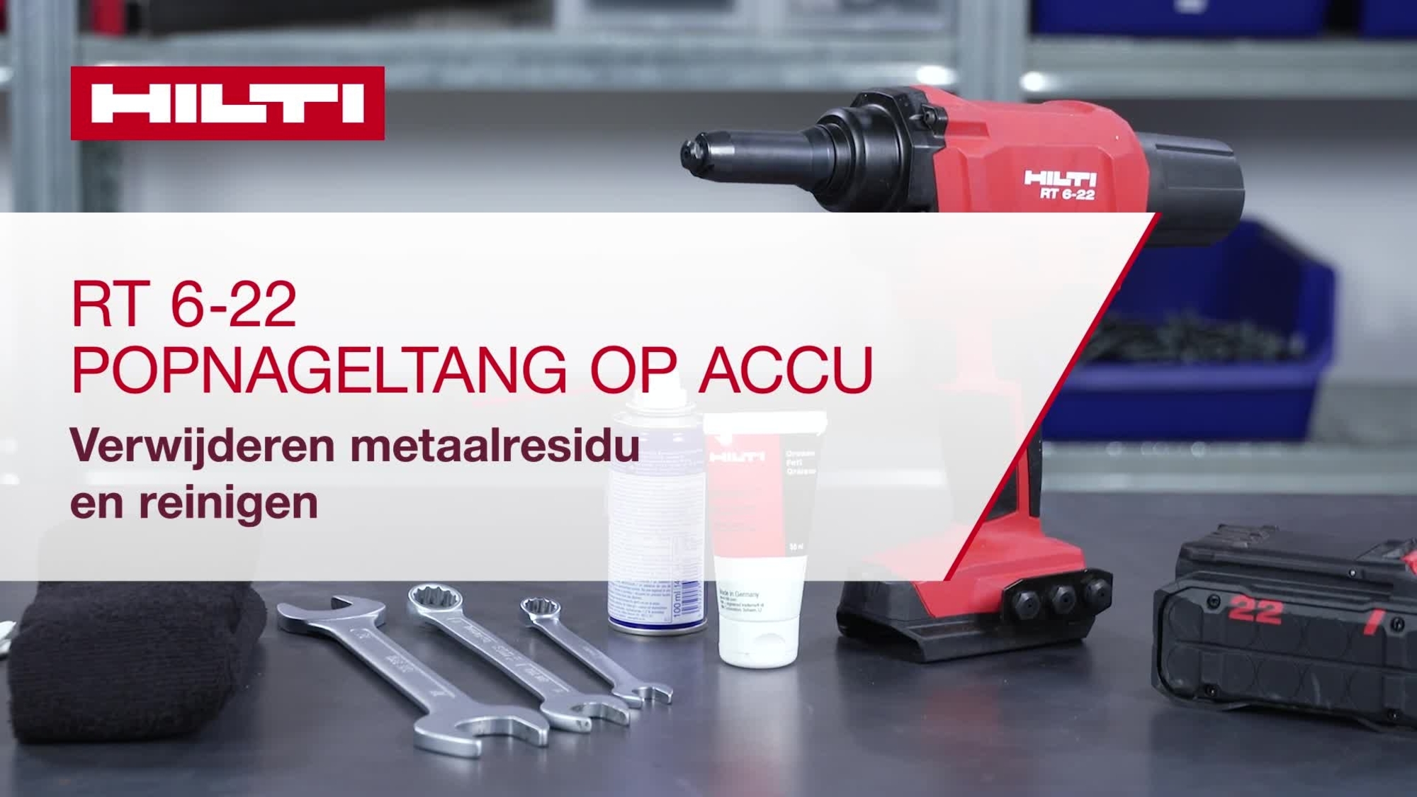 Dit is een instructievideo voor de Nuron RT 6-22 accu klinknageltool. Het schetst de stappen die moeten worden genomen om het gereedschap te demonteren, de verschillende onderdelen schoon te maken en metalen residu te verwijderen.