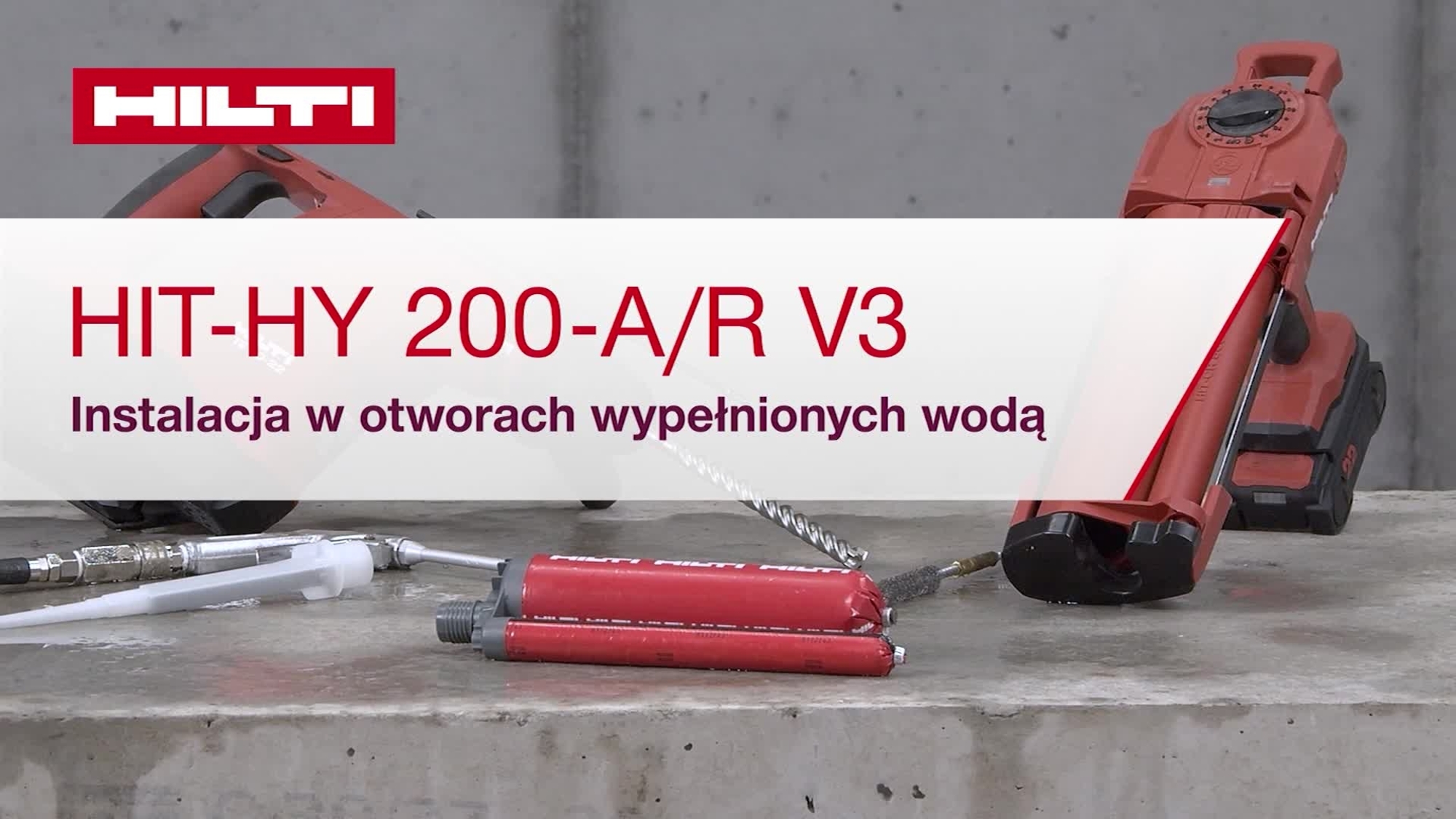 Wersja YouTube filmu instrukt.: montaż kotwy chemicznej HIT HY 200-A/R-V3 w otworach wypełn. wodą.