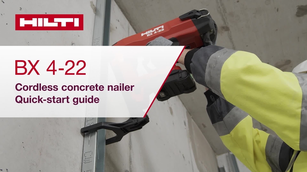 Instructional video on how to use BX 4-22 cordless concrete nailer. This video presents a quick-start guide. This is the version for W1 and ROW.