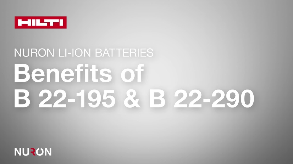Vídeo de presentación que muestra las características y ventajas de las nuevas baterías de ion de litio Nuron B 22-195 y B 22-290.  El vídeo W1 comienza con 4 baterías para mercados en los que la B 22-110 NO está disponible.  