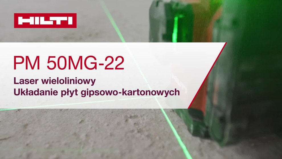 Film instruktażowy: używanie linii lasera wieloliniowego PM 50MG-22 do wytyczania położenia płyt gipsowo-kartonowych. Film ten zawiera instrukcję szybkiego uruchomienia. Jest to wersja dla W1 i ROW