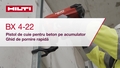 Videoclip cu instrucțiuni despre cum se folosește pistolul de implantat cuie în beton BX 4-22, pe acumulator. Acest videoclip prezintă un ghid cu pornire rapidă. Aceasta este versiunea pentru W1 și ROW.