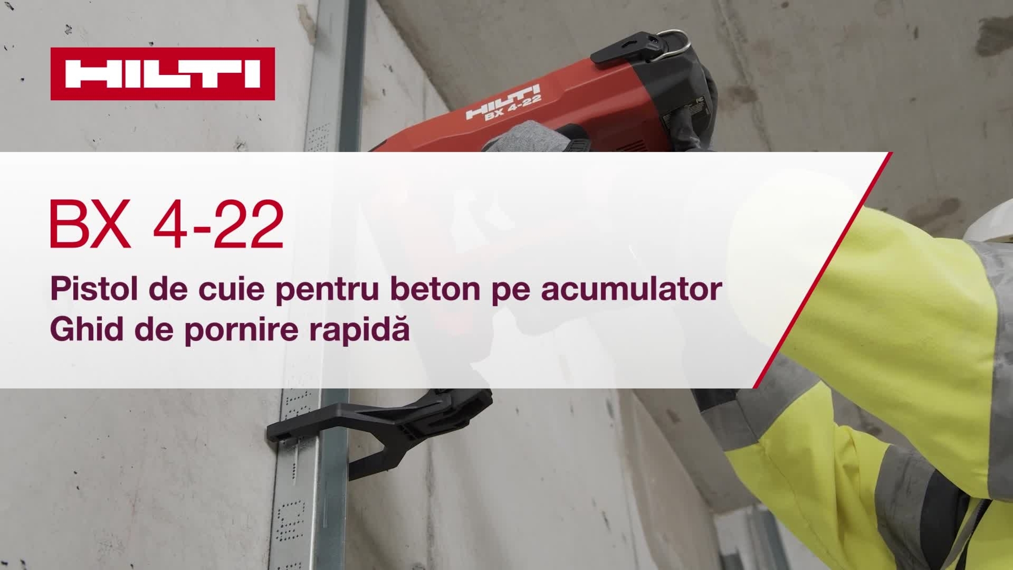 Videoclip cu instrucțiuni despre cum se folosește pistolul de implantat cuie în beton BX 4-22, pe acumulator. Acest videoclip prezintă un ghid cu pornire rapidă. Aceasta este versiunea pentru W1 și ROW.