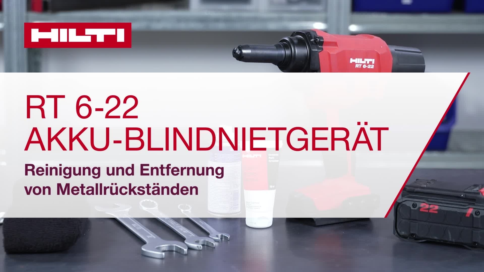 Dies ist ein Anleitungsvideo für das Akku-Nietwerkzeug Nuron RT 6-22. Darin werden die Schritte beschrieben, die zum Zerlegen des Werkzeugs, zum Reinigen der verschiedenen Teile und zum Entfernen von Metallrückständen durchgeführt werden müssen.