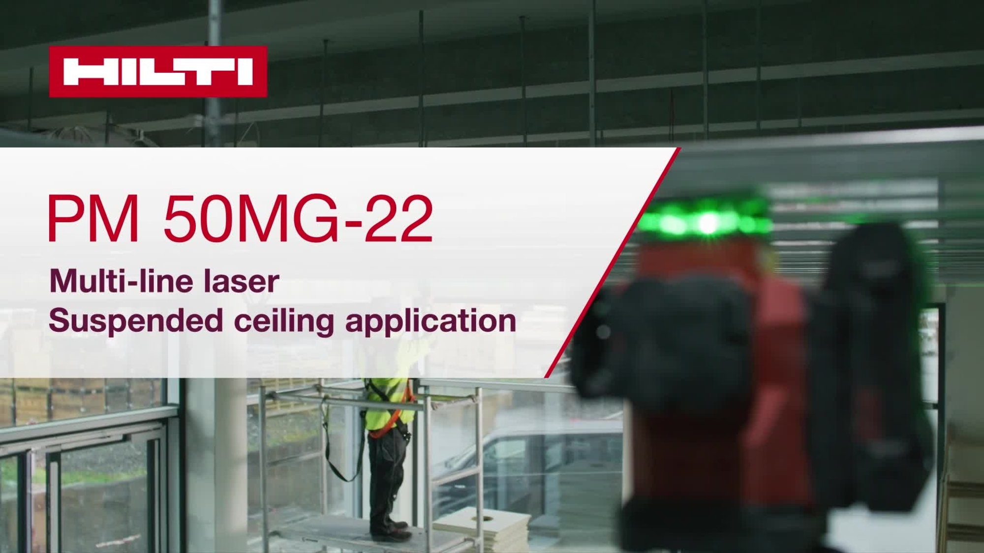 Instructional video on how to use PM 50MG-22 multi-line laser for suspended ceilling application. This video presents a quick-start guide. This is the version for W1 and ROW.
