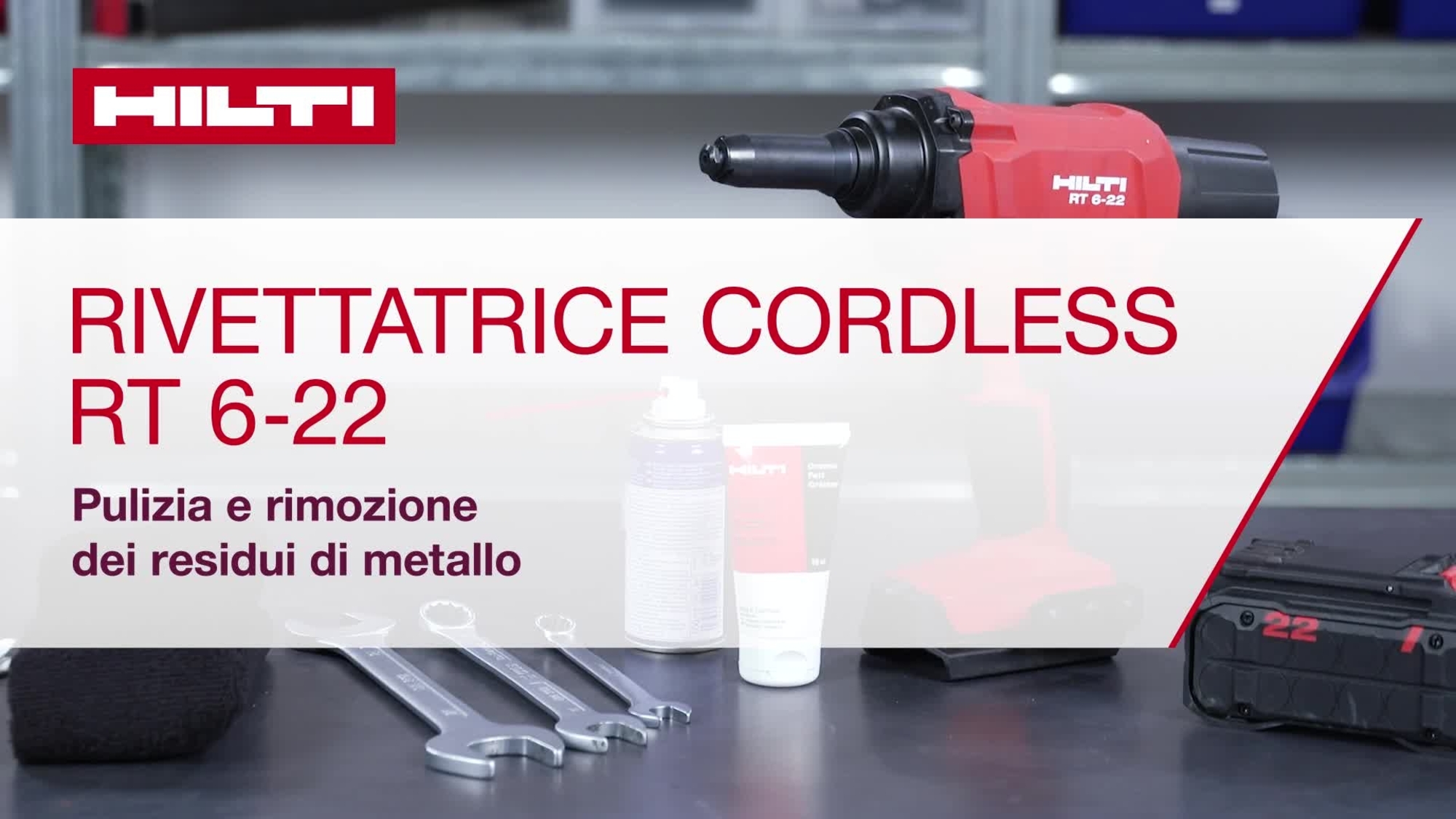 Dies ist ein Anleitungsvideo für das Akku-Nietwerkzeug Nuron RT 6-22. Darin werden die Schritte beschrieben, die zum Zerlegen des Werkzeugs, zum Reinigen der verschiedenen Teile und zum Entfernen von Metallrückständen durchgeführt werden müssen.