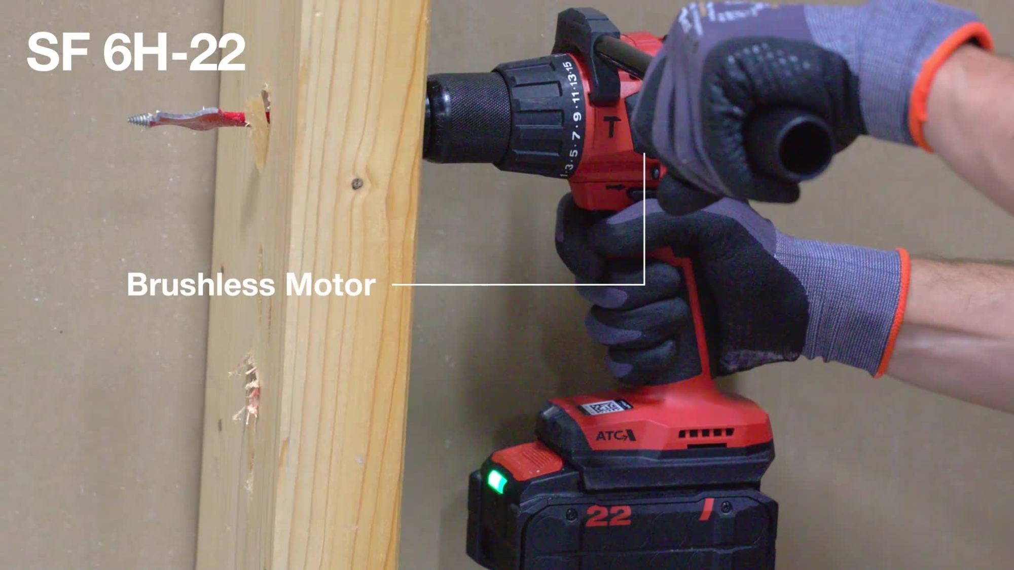 Demo digitale per trapano avvitatore a batteria SF 6H-22 con sovrapposizioni di testo e musica, senza voce fuori campo