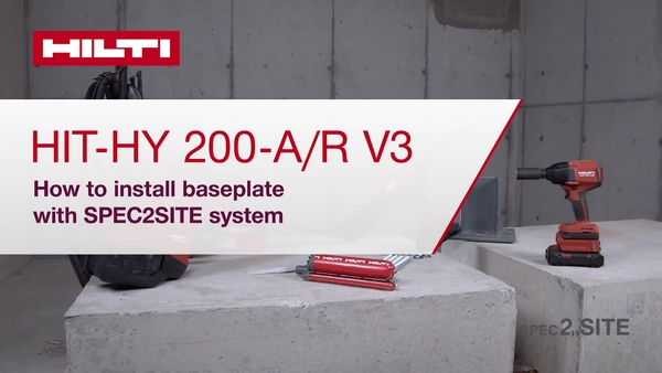 Instruktionsvideo för HIT HY 200-A/R-V3 kemankare som visar installation av grundplatta mot betong med Hilti SafeSet. Global version med metriska mätningar sett på verktyget HDE 500-22.