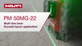Instructional video on how to use PM 50MG-22 multi-line laser for drywall layout application. This video presents a quick-start guide. This is the version for W1 and ROW