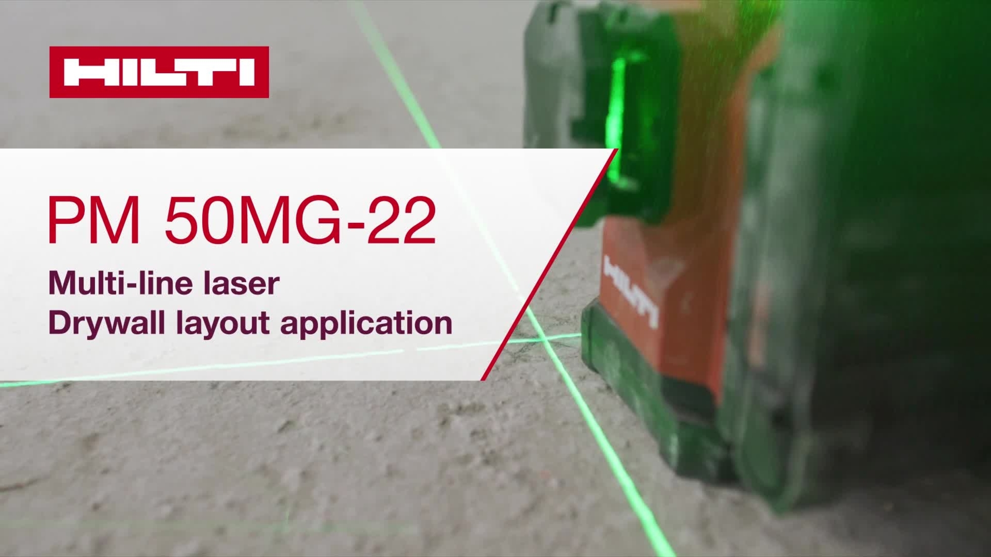 Instructional video on how to use PM 50MG-22 multi-line laser for drywall layout application. This video presents a quick-start guide. This is the version for W1 and ROW