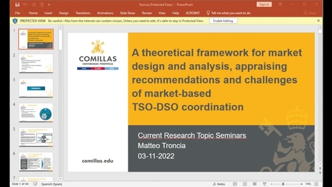 Miniatura para la entrada SEMINAR “A theoretical framework for market design and analysis, appraising recommendations and challenges of market-based TSO-DSO coordination” by Matteo Troncia. 3/11/22