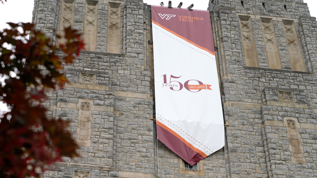 Flags and banners installed in observance of  sesquicentennial celebration