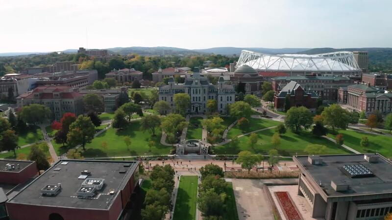 Campus aerial footage on a sunny spring day.