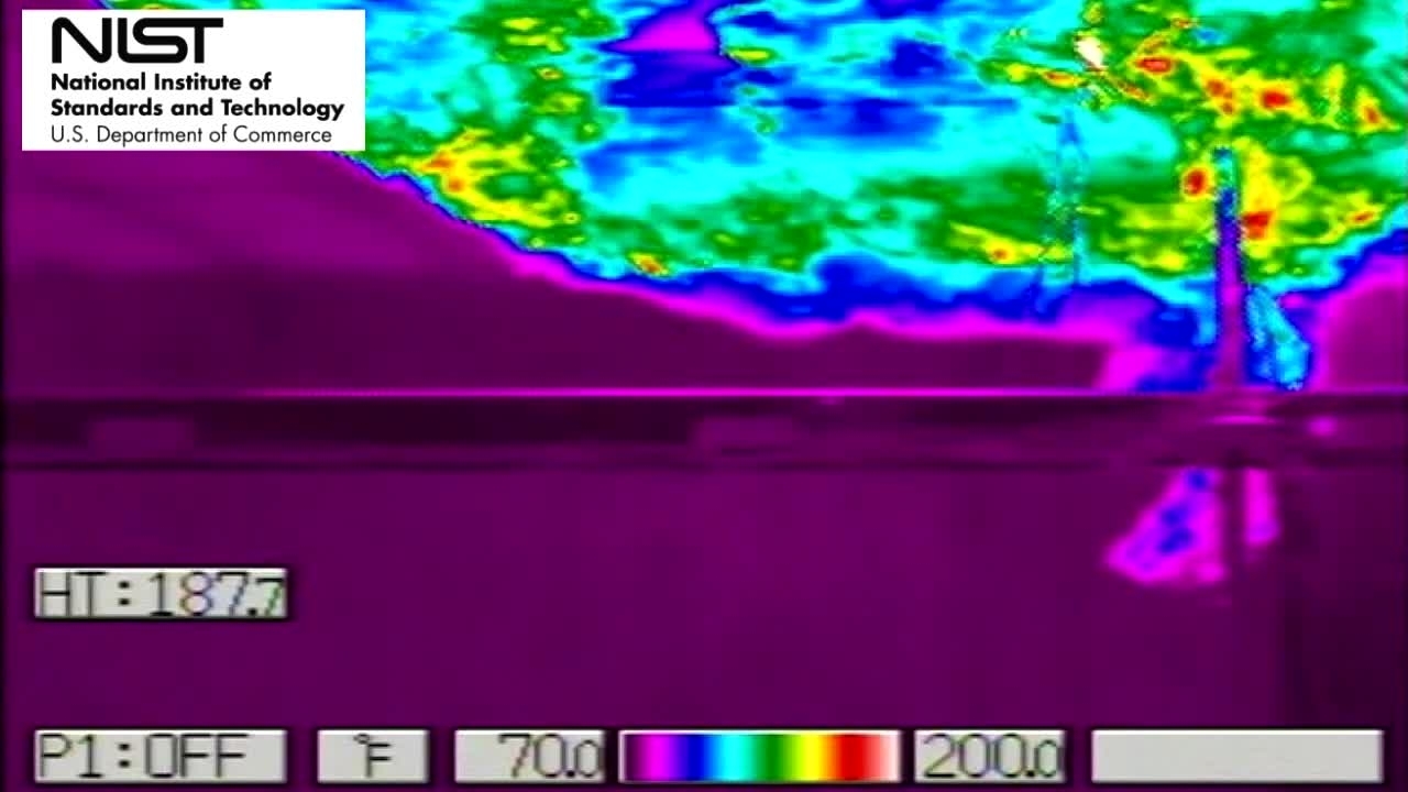 Test 9: Dispersion and Burning Behavior of Hydrogen Released in a Full-Scale Residential Garage in the Presence and Absence of Conventional Automobiles (View near ignition location and garage ceiling from IR camera)