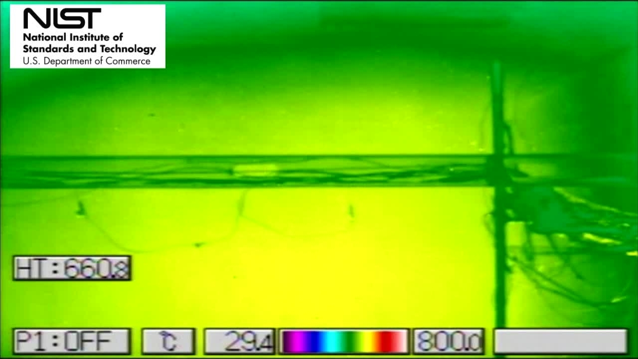 Test 6: Dispersion and Burning Behavior of Hydrogen Released in a Full-Scale Residential Garage in the Presence and Absence of Conventional Automobiles (View near ignition location and garage ceiling from IR camera)