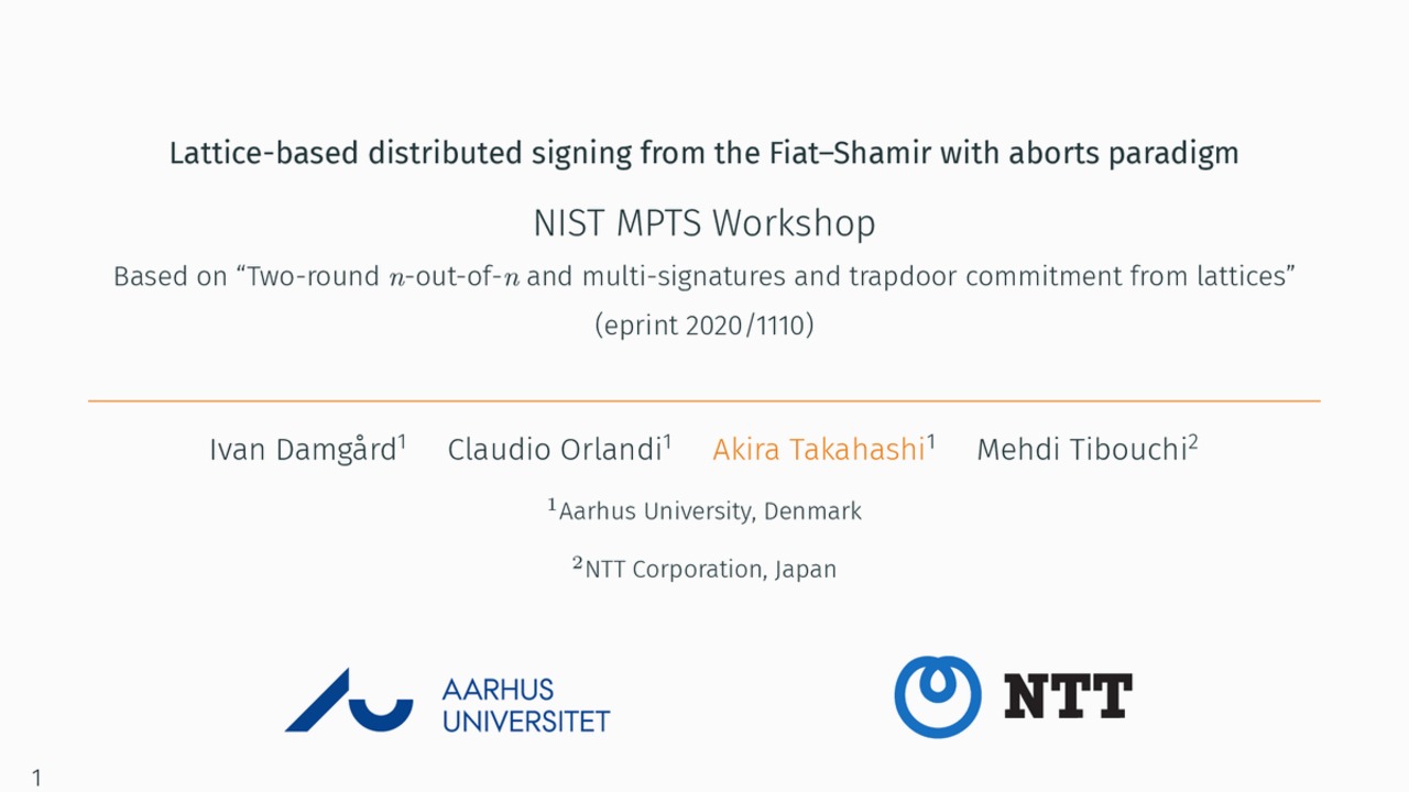 MPTS 2020 Brief 1c2: Lattice-based Distributed Signing Protocols from the Fiat-Shamir with Aborts Paradigm