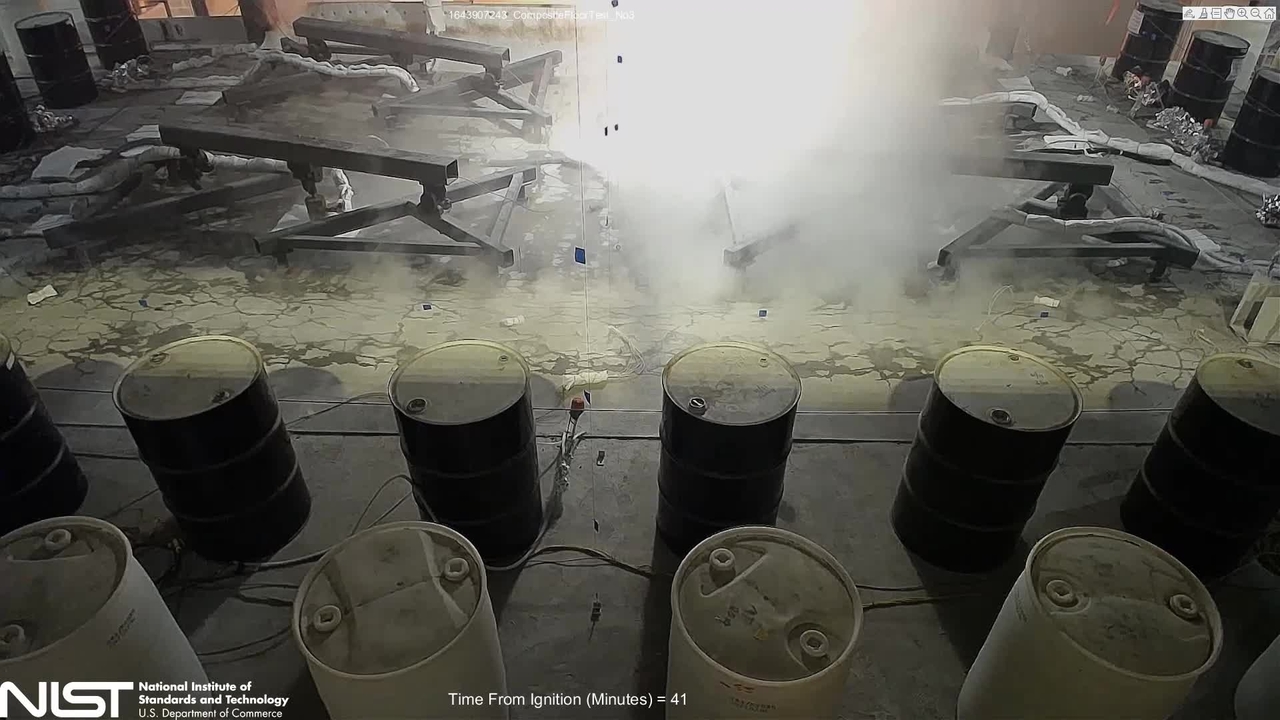 Video 2:  Fire Resilience of a Steel-Concrete Composite Floor System: Full-Scale Experimental Evaluation for Influence of Slab Reinforcement and Unprotected Secondary Beam (Test #3) - Top of Slab Center View