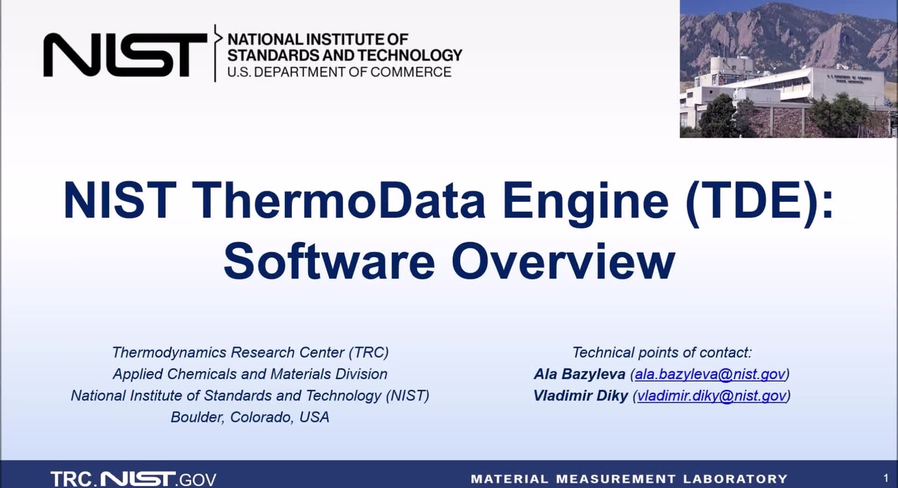 NIST ThermoData Engine (TDE): Software Overview