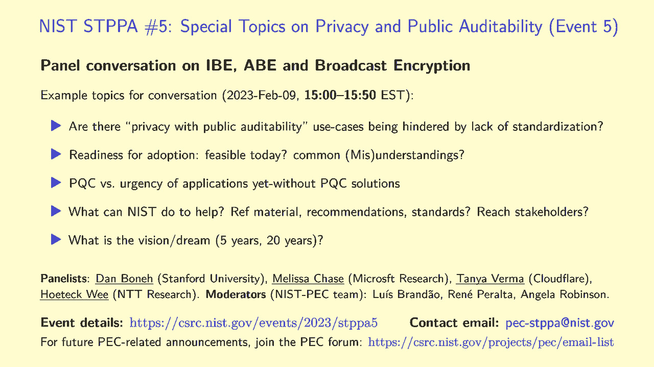 PEC-STPPA5 Panel Conversation on IBE, ABE and Broadcast Encryption