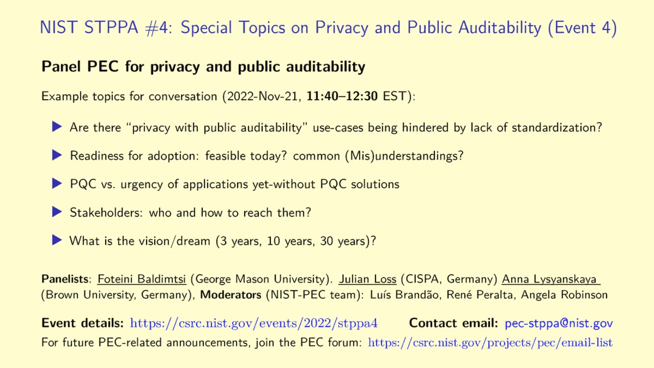 STPPA4 Panel: PEC for privacy and public auditability