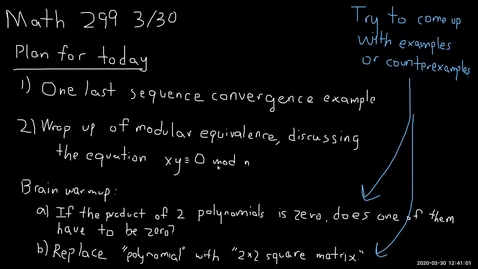 Thumbnail for 3/30 The equation xy=0 and modular equivalence