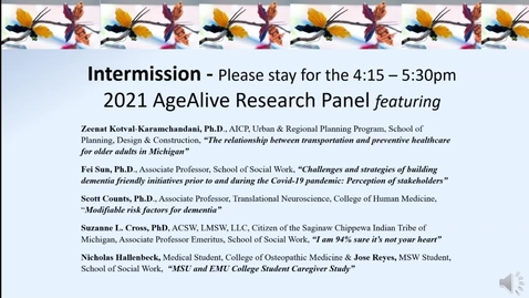 Thumbnail for entry 2021 MSU AgeAlive Annual Forum: Aging-Related Research Gems Panel