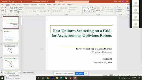 Thumbnail for entry SSS 2020: Day 2: Session 3: Talk 3: Fast Uniform Scattering on a Grid for Asynchronous Oblivious Robots. Pavan Poudel and Gokarna Sharma