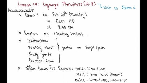 Thumbnail for entry Spring 2024 - MA261 - Sunkula (Lesson17 - Lagrange Multipliers)